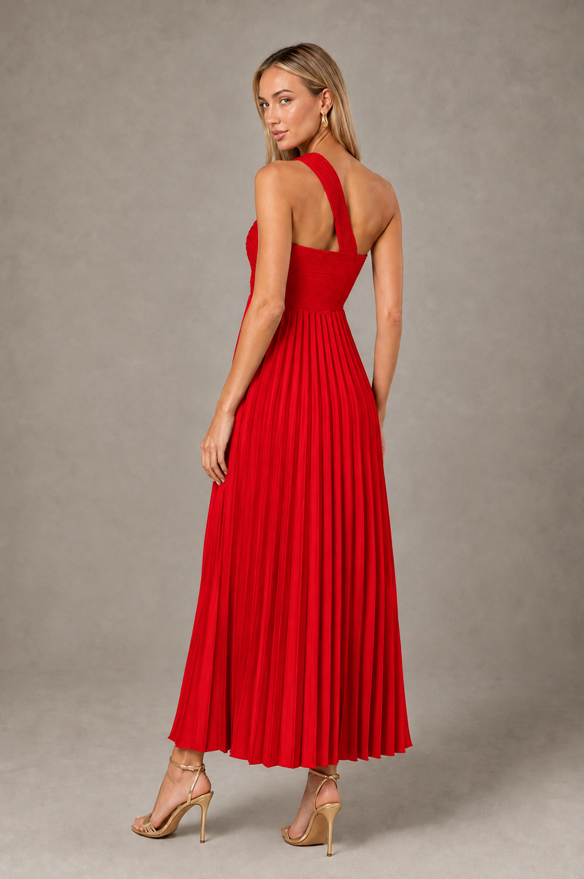 BOLODOO Red One-Shoulder Twist Knot Pleated Satin Midi Dress with Cutout - Red - Red_2