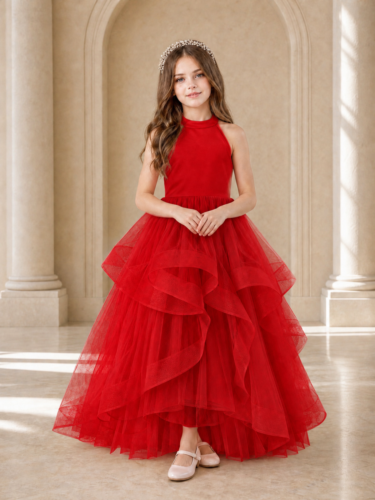 BOLODOO Red Halter Tiered Tulle Flower Girl Dress with Bow Back - Red - Red_2