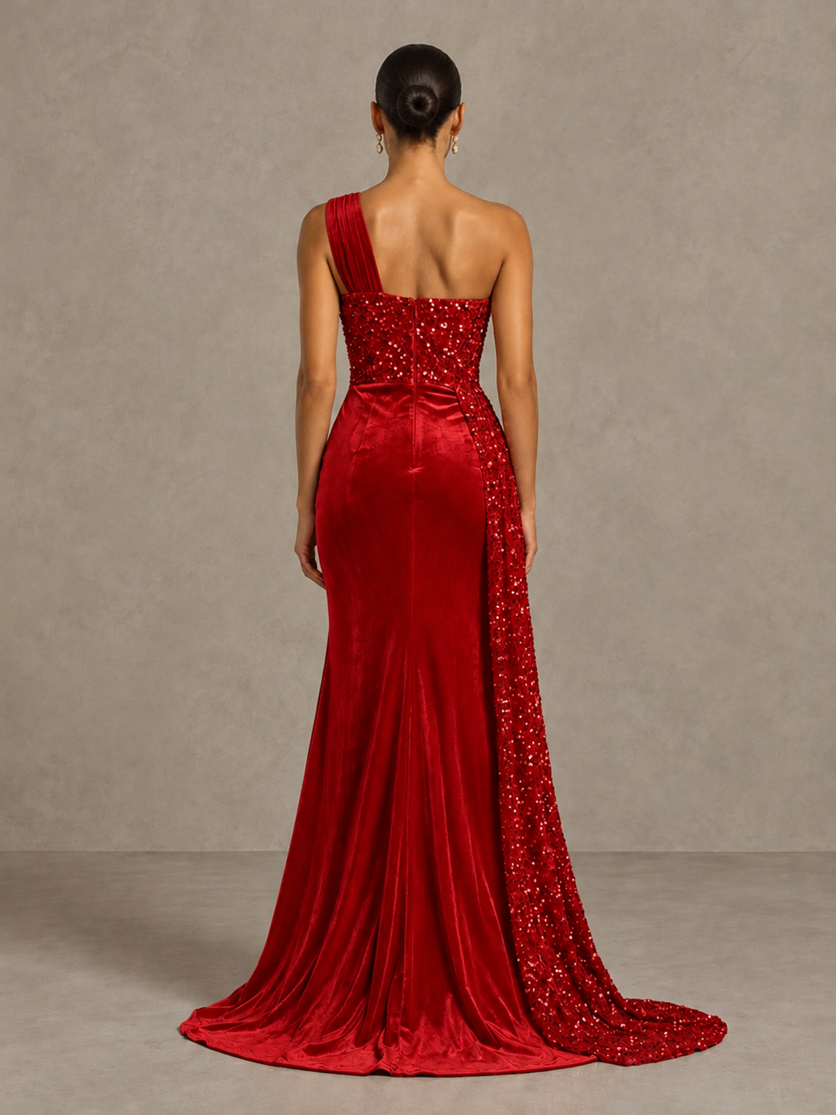 BOLODOO Red One-Shoulder Satin Sequin Gown with High Slit - Red - Red_2