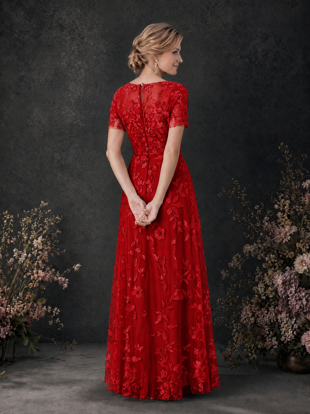 BOLODOO Red 3D Floral Embroidered Lace V-Neck Short Sleeve A-Line Maxi Dress - Red