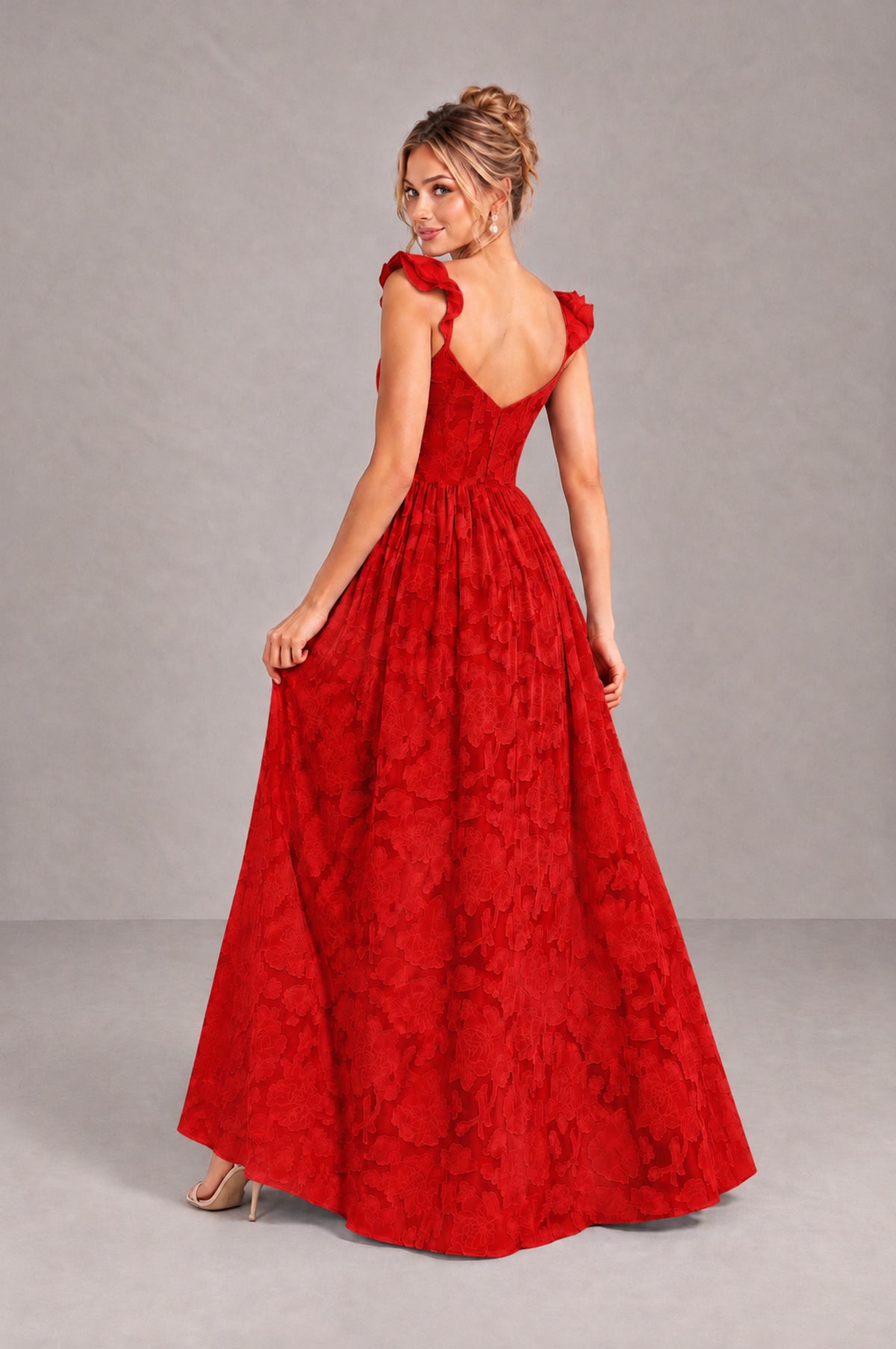 BOLODOO Red Floral A-Line Bridesmaid Dress with Slit Ruffle Straps Maxi Gown - Red - Red_2