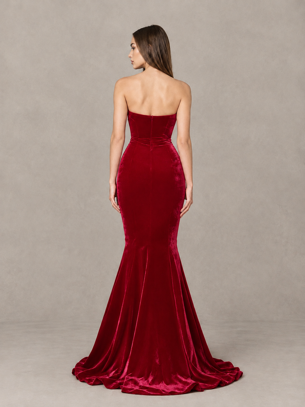 BOLODOO Red Strapless Sweetheart Velvet-Look Mermaid Evening Dress - Red - Red_2