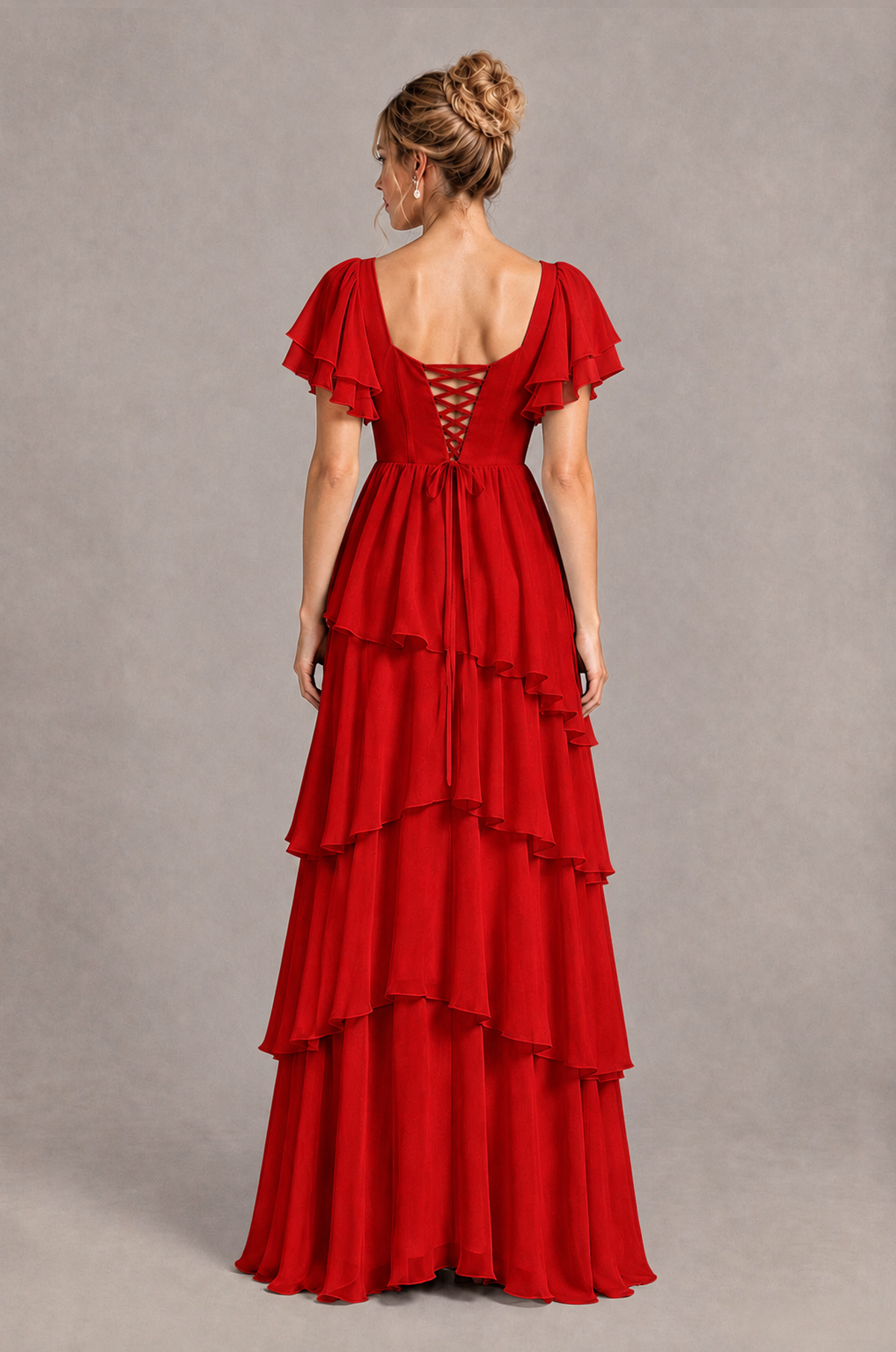 BOLODOO Red Square Neck Flutter Sleeve Tiered Chiffon Bridesmaid Dress with Lace-Up Back - Red - Red_2