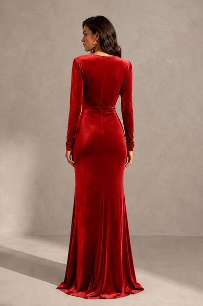 BOLODOO Red Velvet Long Sleeve V-Neck Ruched Evening Gown - Red