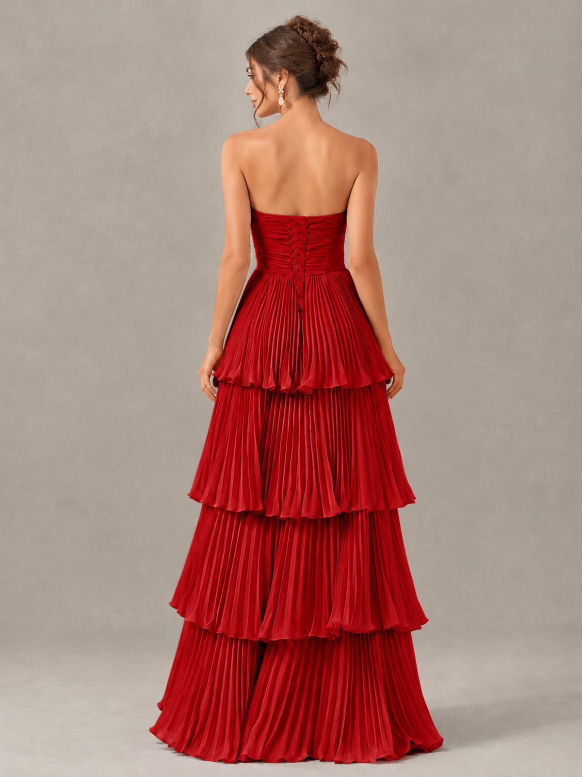 BOLODOO Red Strapless Tiered Pleated Bridesmaid Dress - Red - Red_2