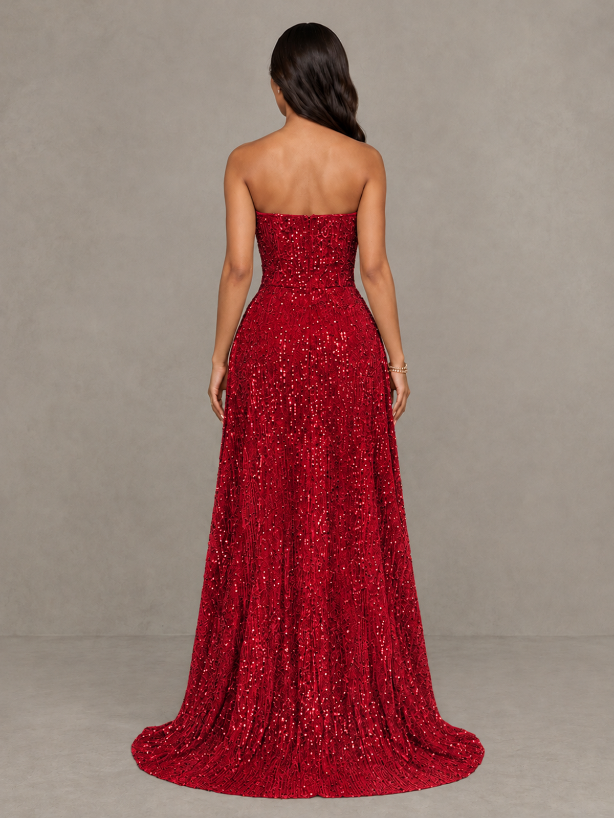 BOLODOO Red Sequin Strapless Mini Dress with High Low Overskirt - Red - Red_2