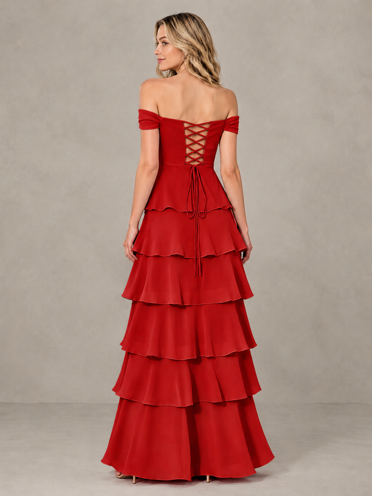 BOLODOO Red Off-Shoulder Tiered Ruffle Bridesmaid Dress with Lace-Up Back - Red - Red_2