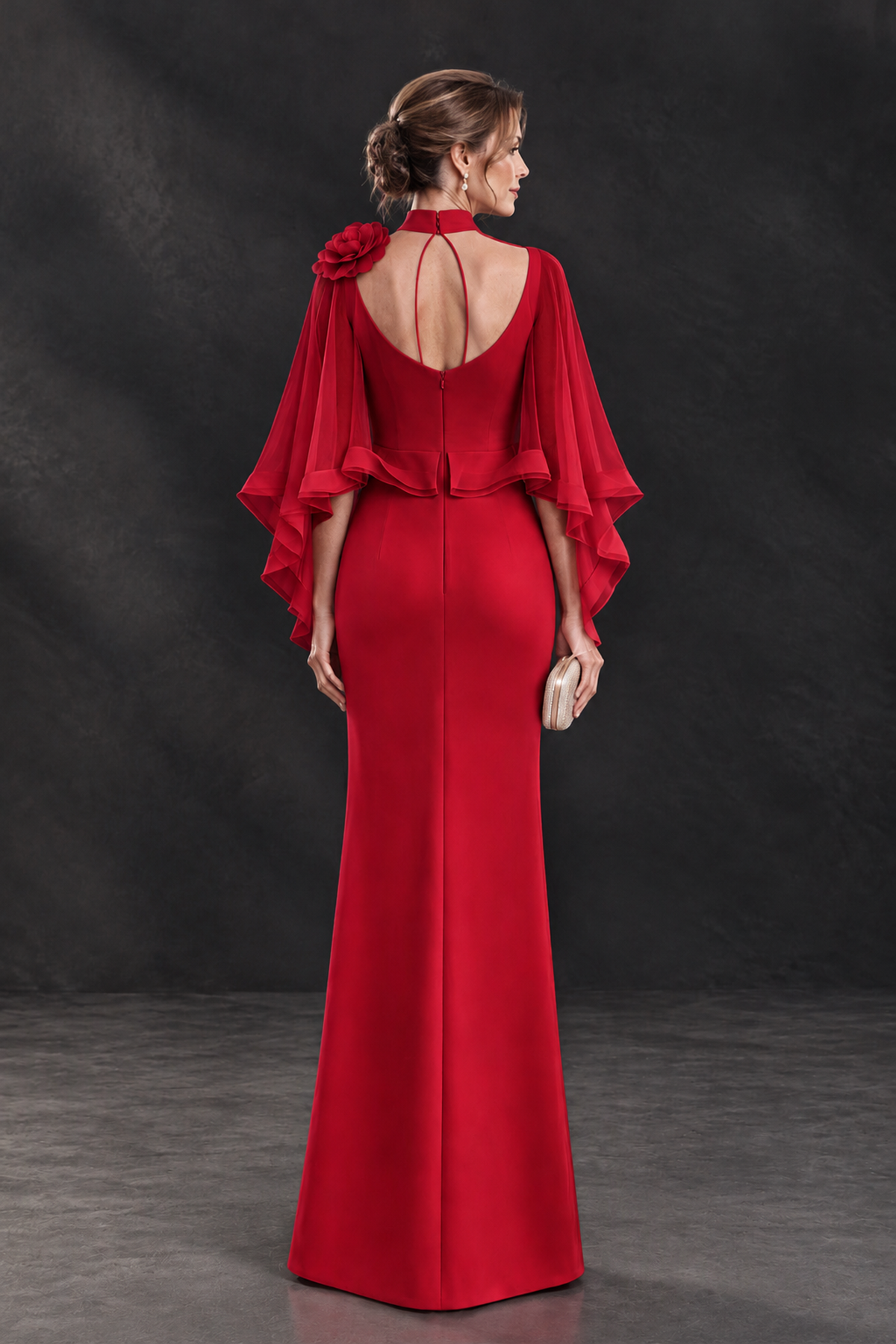 BOLODOO Red Floral Cape Sleeve Mother of the Bride Dress - Red - Red_2
