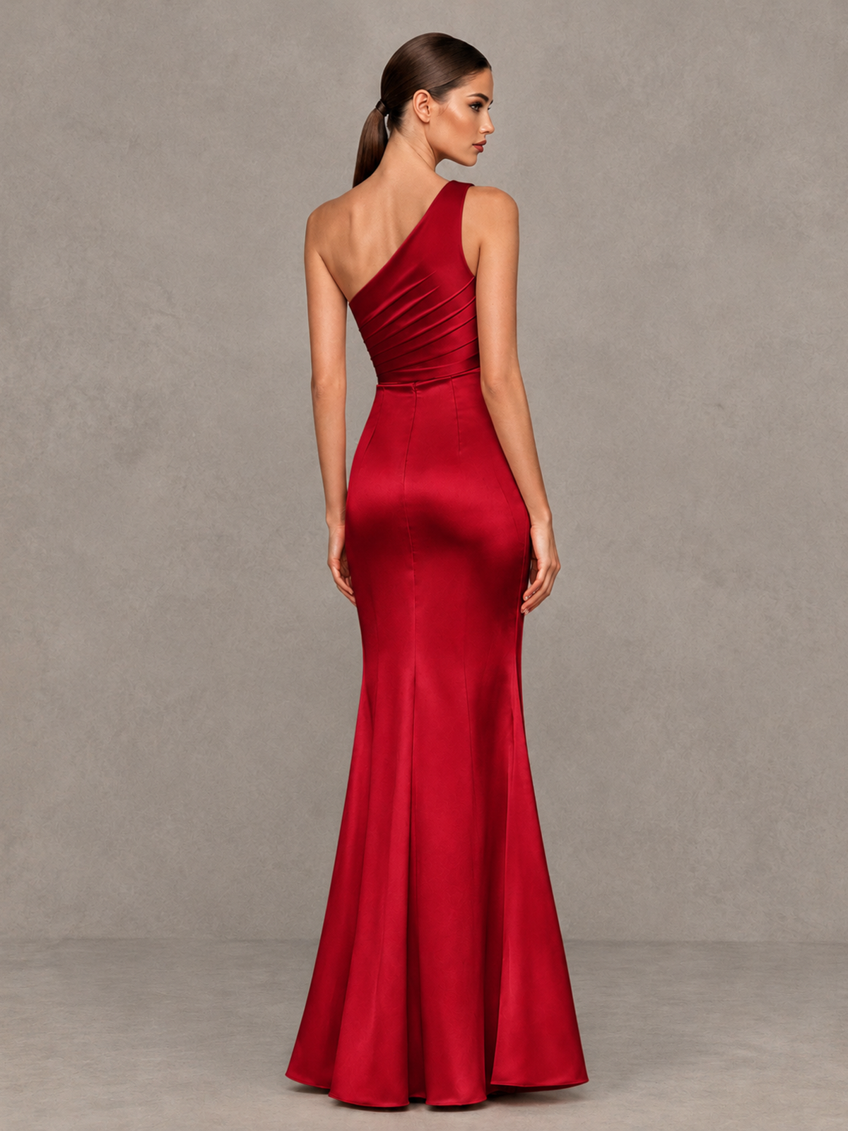 BOLODOO Red One-Shoulder Ruched Satin-Look Evening Gown with High Slit - Red - Red_2