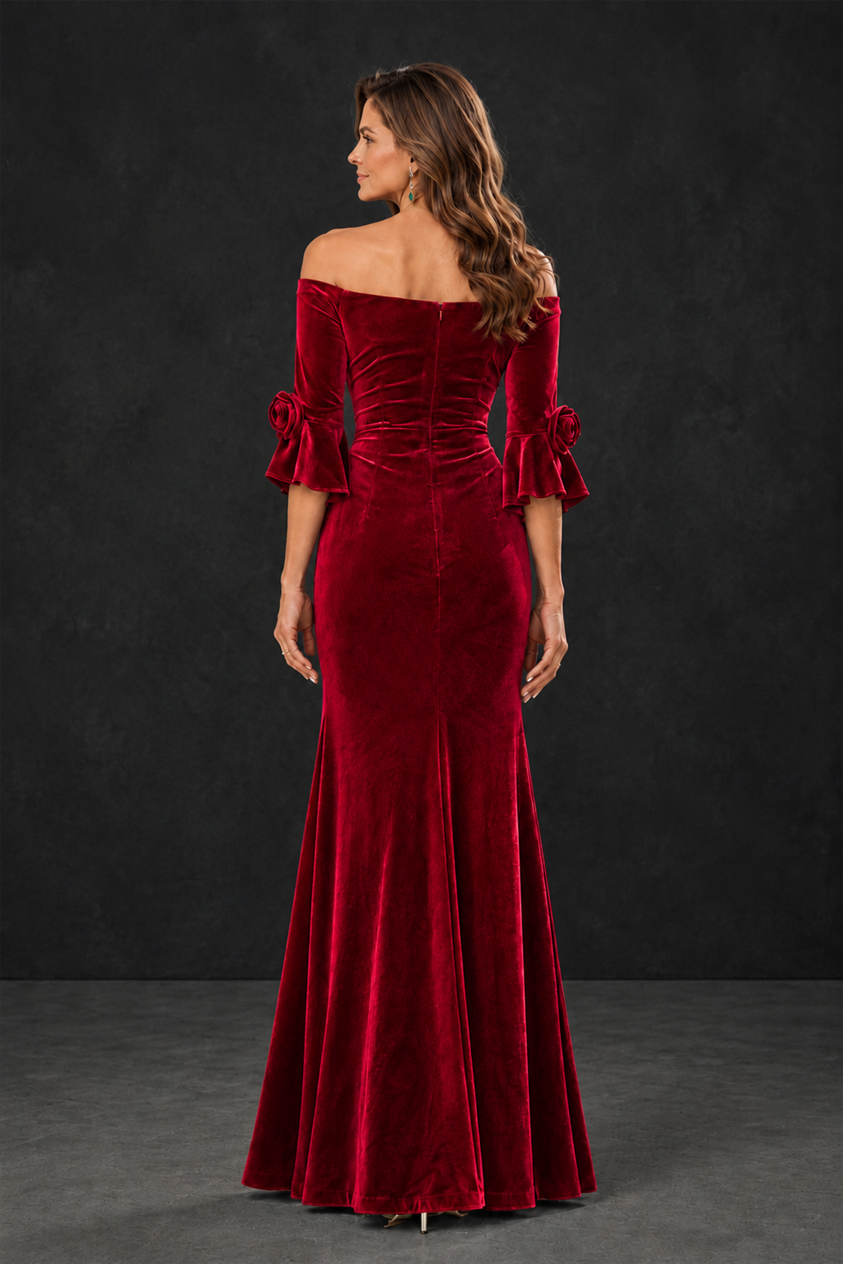 BOLODOO Red Velvet Mother of the Bride Dress with Rosette Sleeves - Red - Red_2