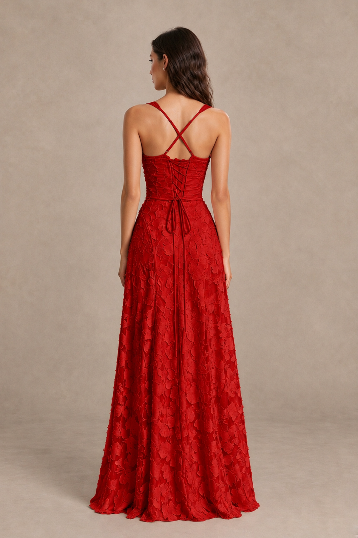 BOLODOO Red Floral-Textured A-Line Dress with Lace-Up Back - Red - Red_2