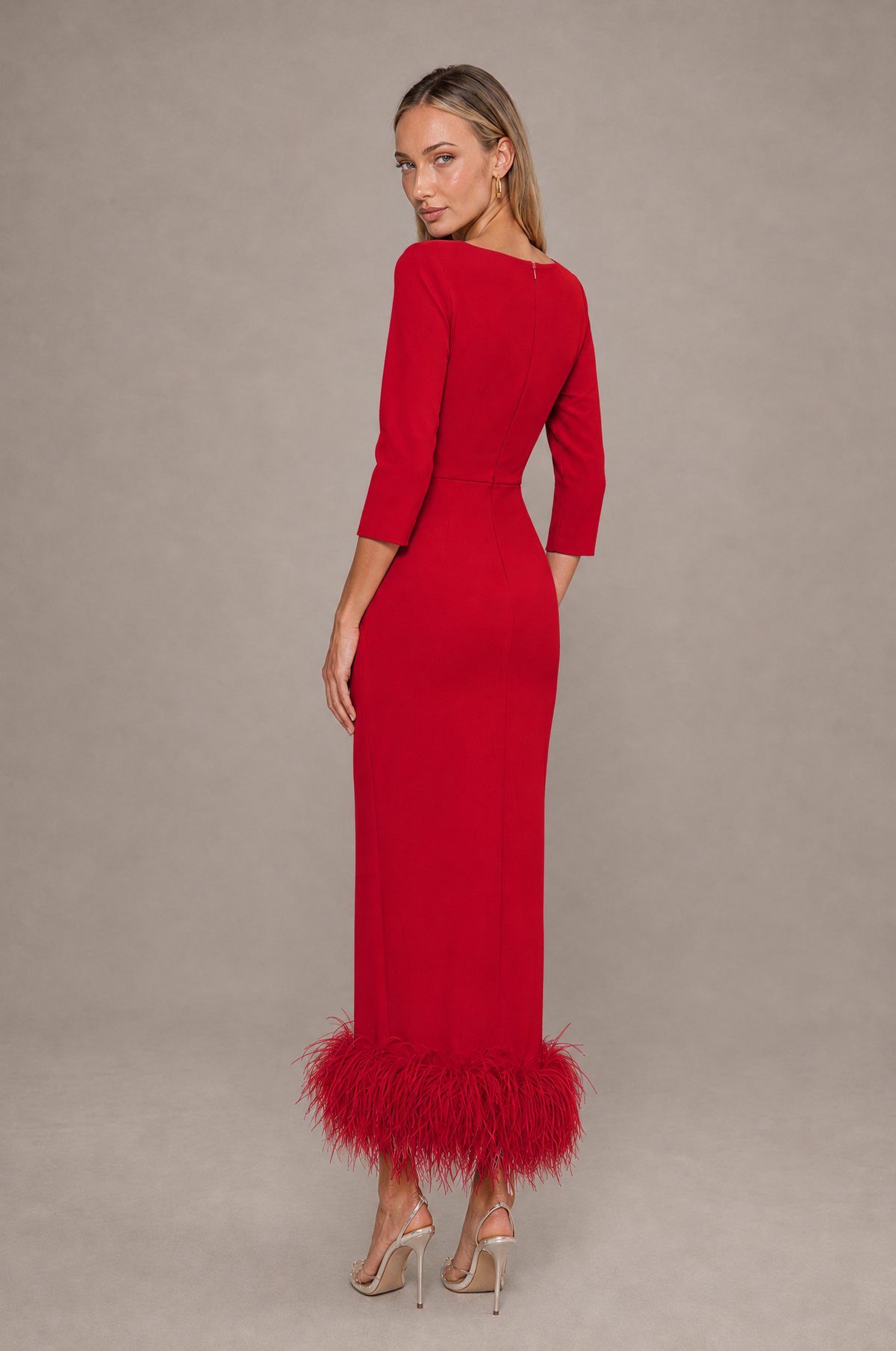 BOLODOO Red Feather-Trim Twist-Waist Midi Dress - Red - Red_2