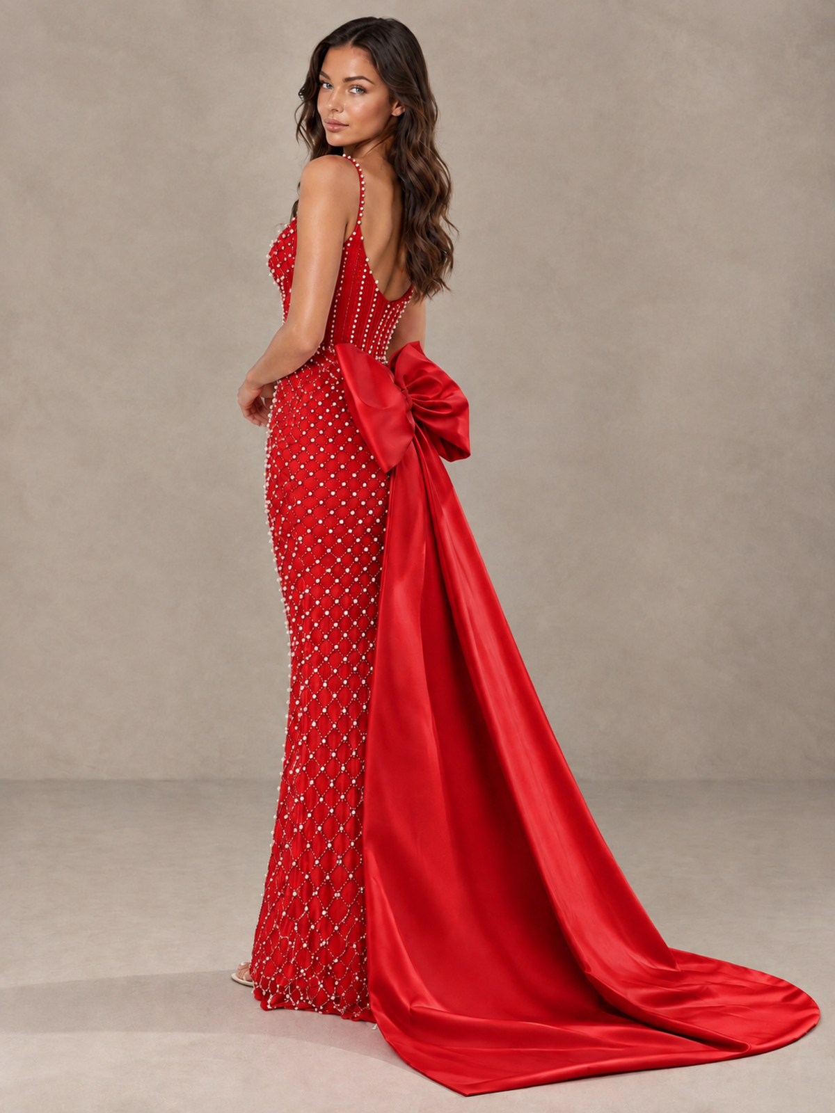 BOLODOO Red Beaded Corset Prom Dress with Bow Train - Red - Red_2