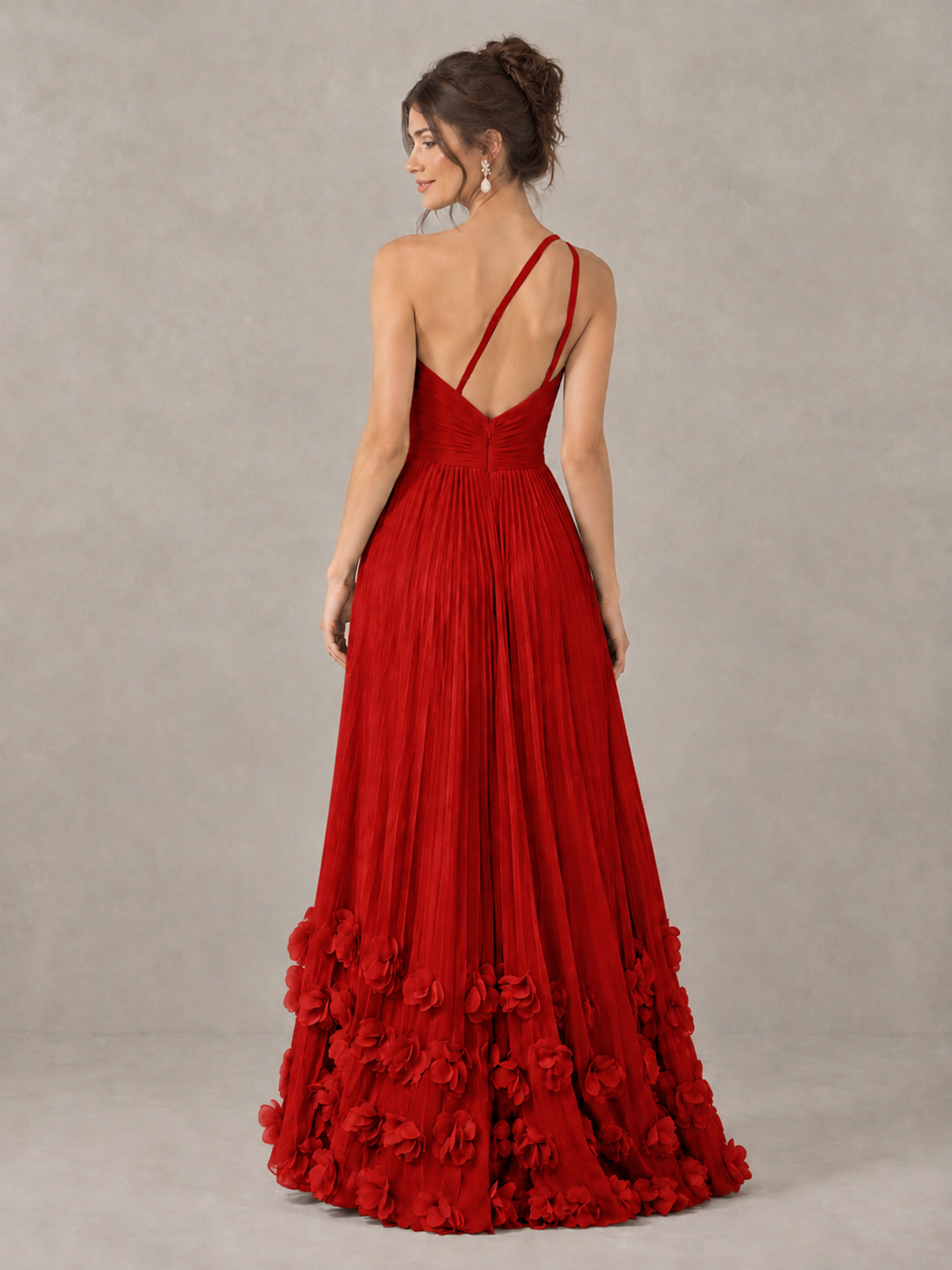 BOLODOO Red One-Shoulder Pleated Bridesmaid Dress with 3D Floral Hem - Red - Red_2
