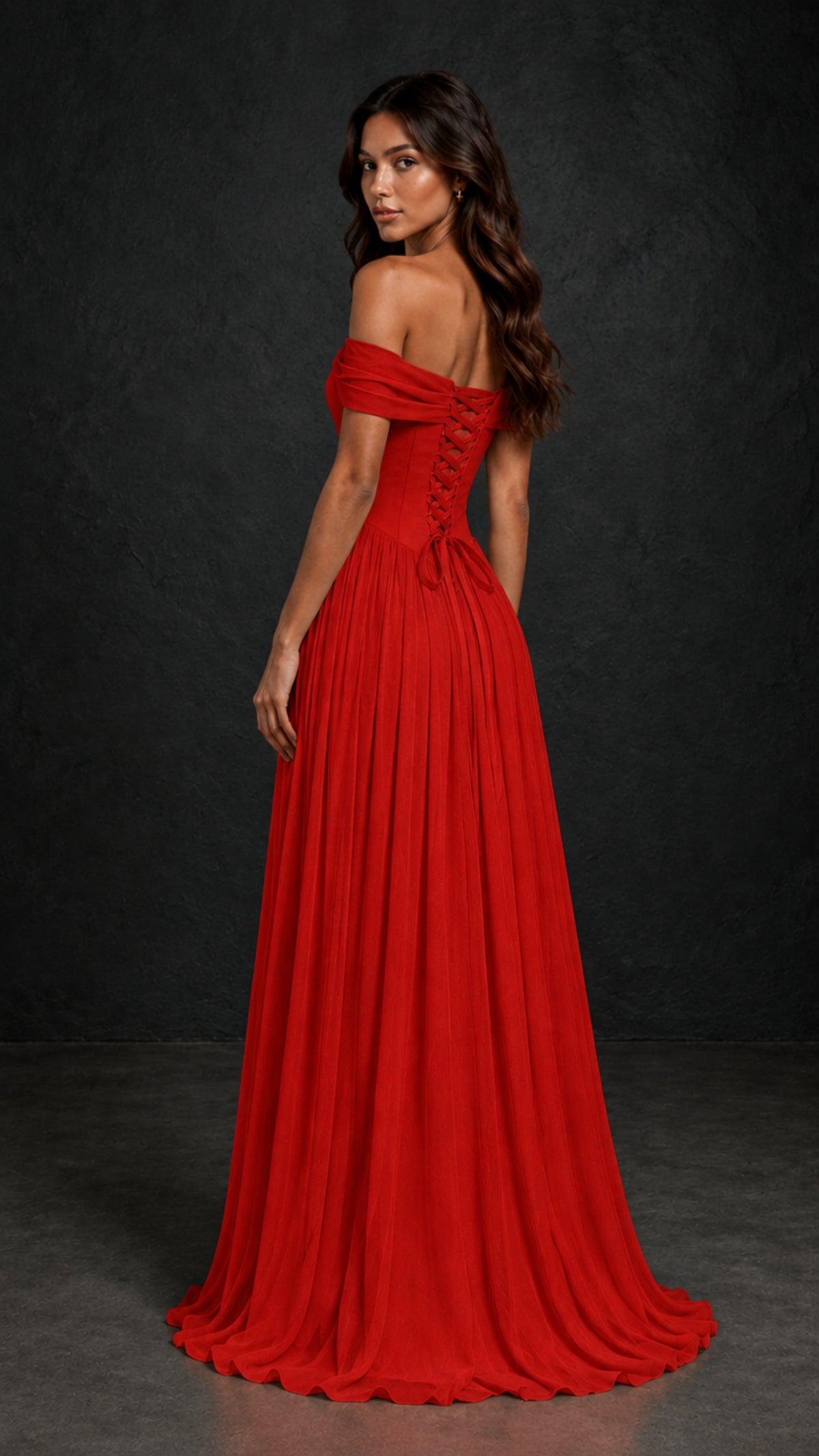 BOLODOO Red Off-Shoulder Sweetheart Corset Pleated Chiffon Maxi Dress - Red