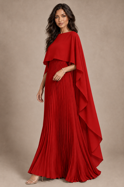 BOLODOO Red Pleated Cape A-Line Evening Dress - Red - Red_2