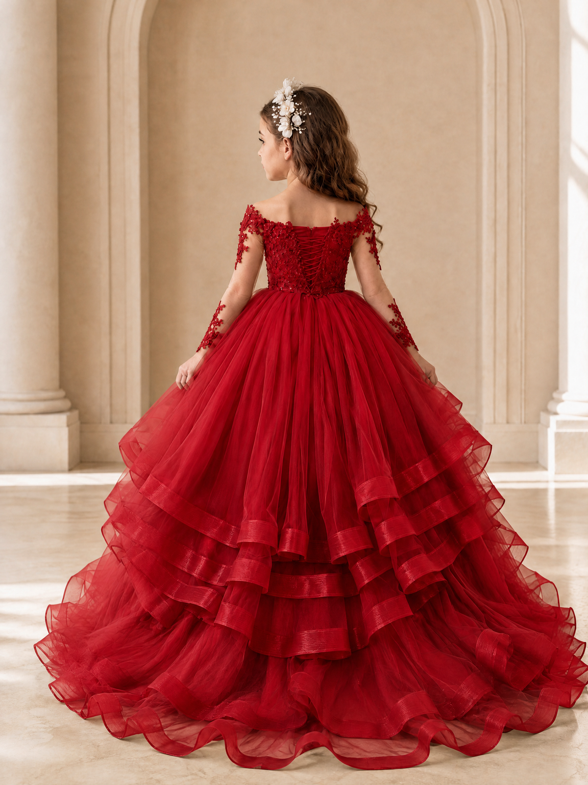 BOLODOO Red Lace Long Sleeve Tiered Flower Girl Dress - Red - Red_2
