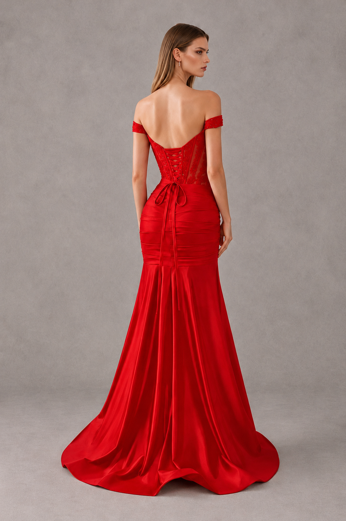 BOLODOO Red Off-Shoulder Corset Mermaid Prom Dress with Slit Sequin Lace Evening Gown - Red - Red_2