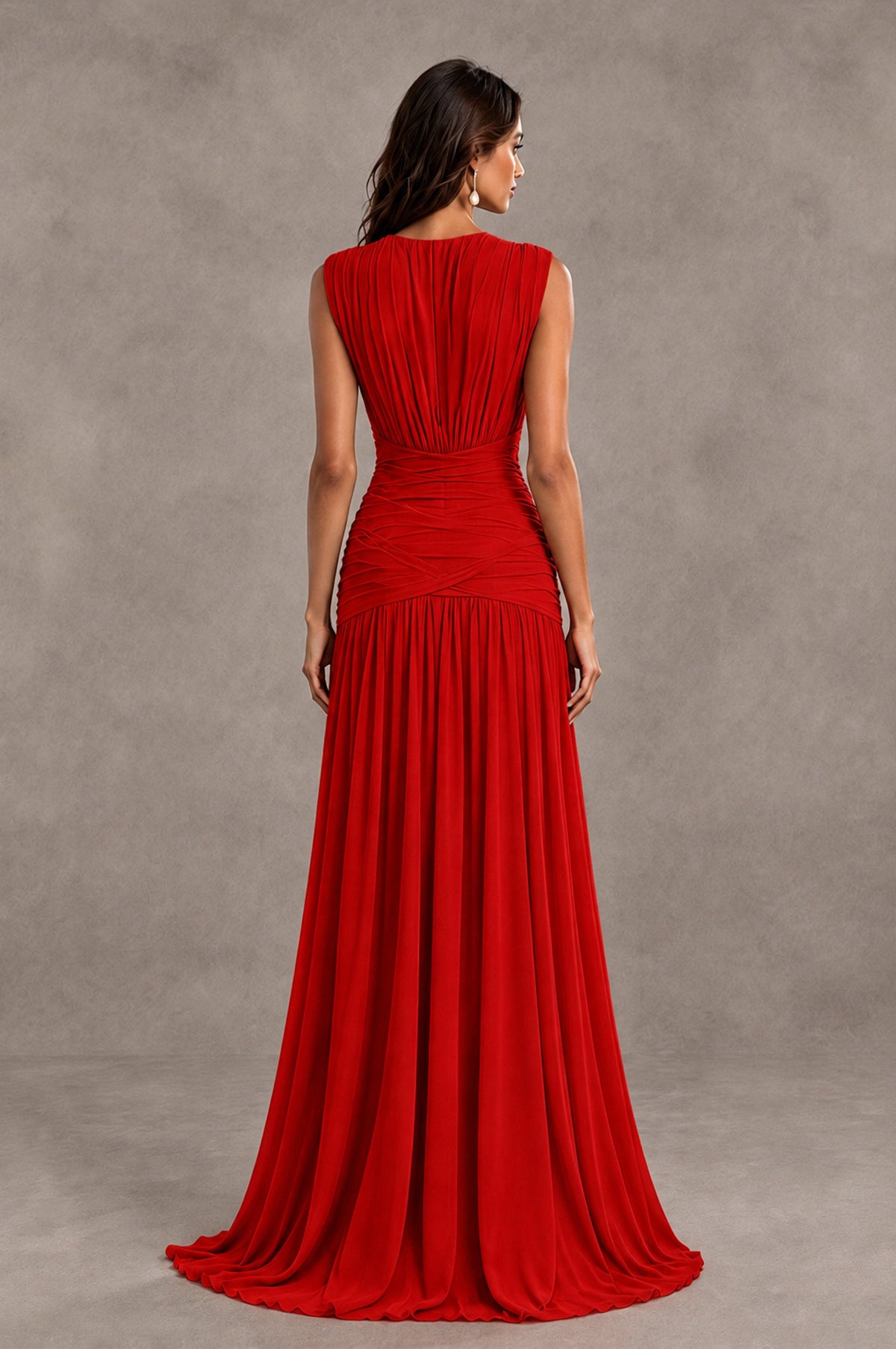 BOLODOO Red V-Neck Ruched Wedding Guest Dress - Red - Red_2