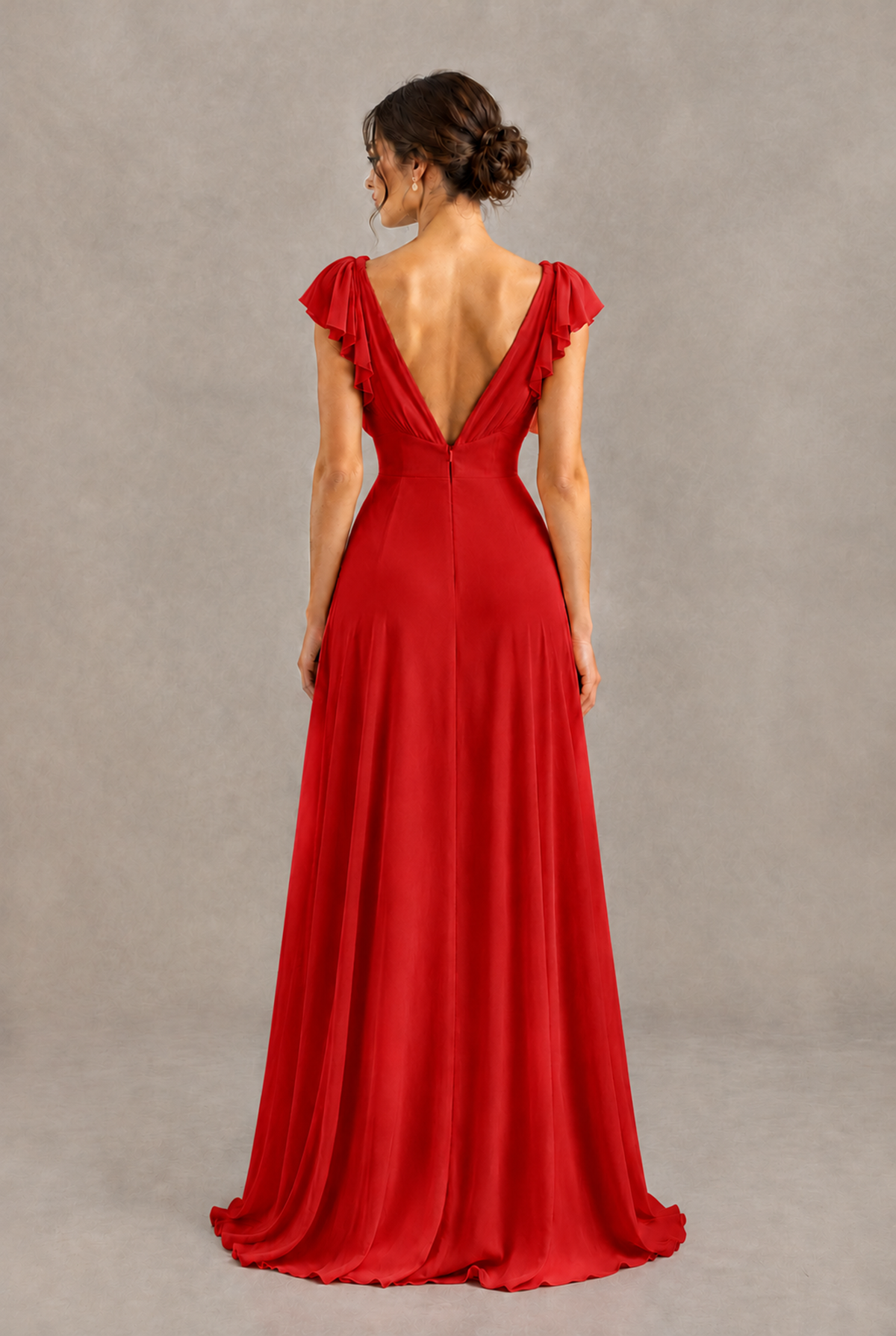 BOLODOO Red V-Neck Flutter Sleeve A-Line Bridesmaid Dress - Red - Red_2