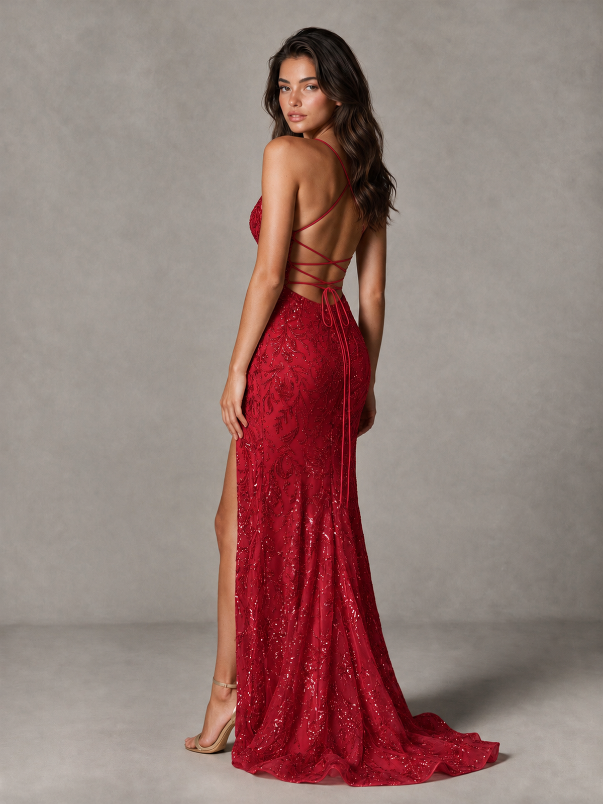 BOLODOO Red Sequin Prom Dress with Lace-Up Back and High Slit - Red - Red_2