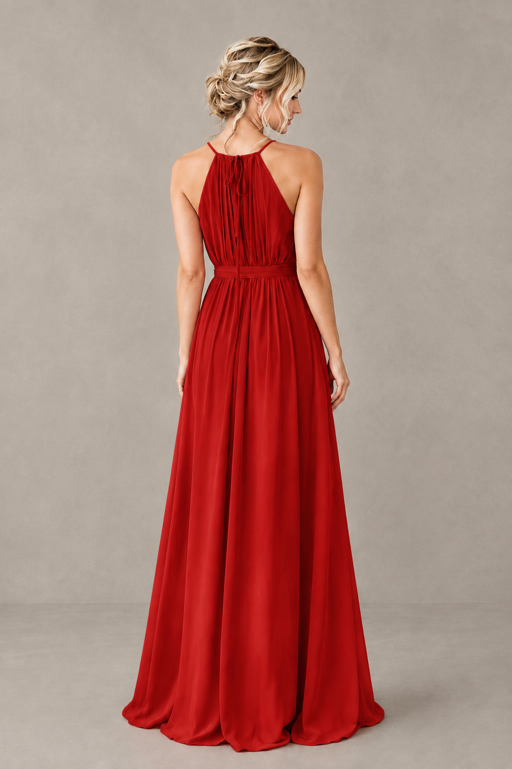 BOLODOO Red Halter Chiffon Bridesmaid Dress with High Slit - Red