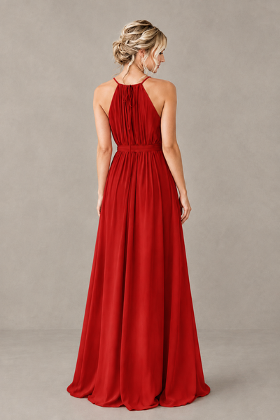 BOLODOO Red Halter Chiffon Bridesmaid Dress with High Slit - Red