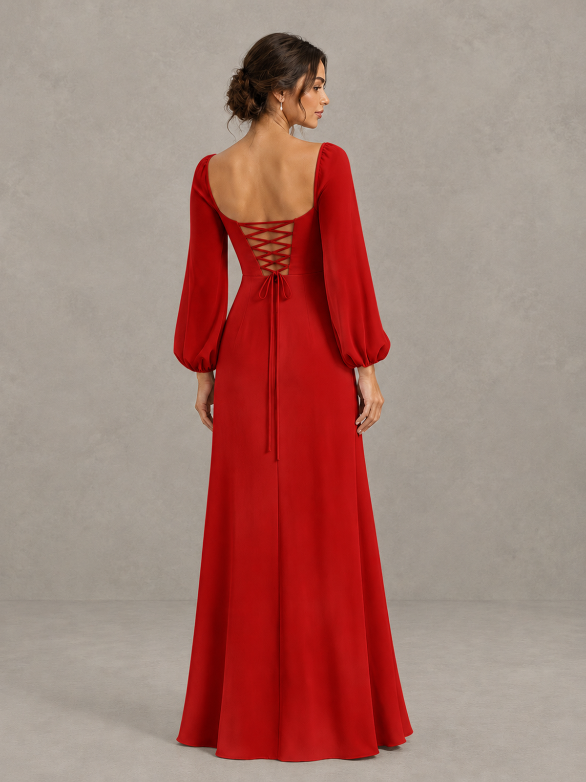 BOLODOO Red Square Neck Long Sleeve Bridesmaid Dress with High Slit - Red - Red_2