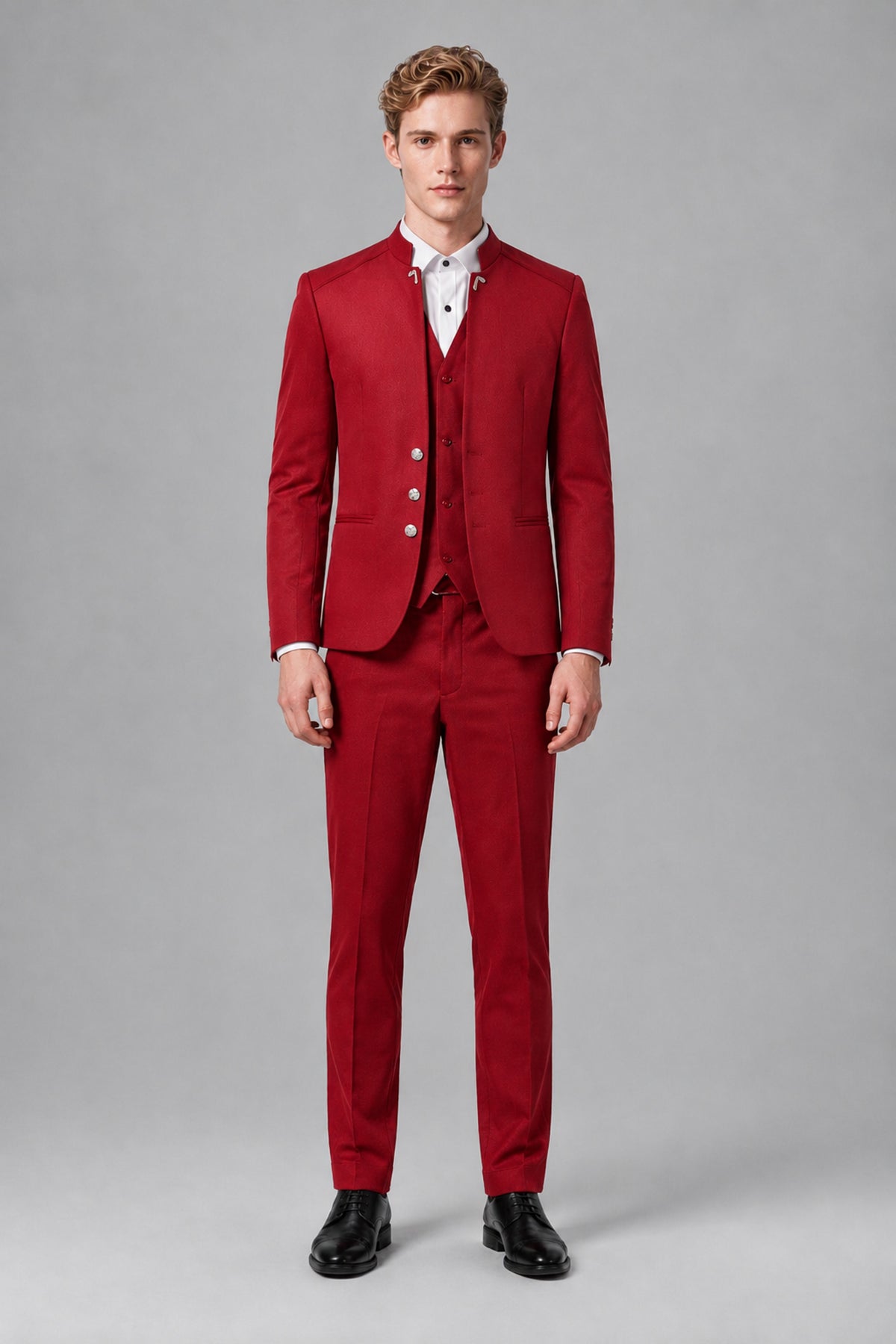 Bolodoo Men's Red Mandarin Collar 3-Piece Suit – Jacket, Vest & Trousers - Red - Red_2