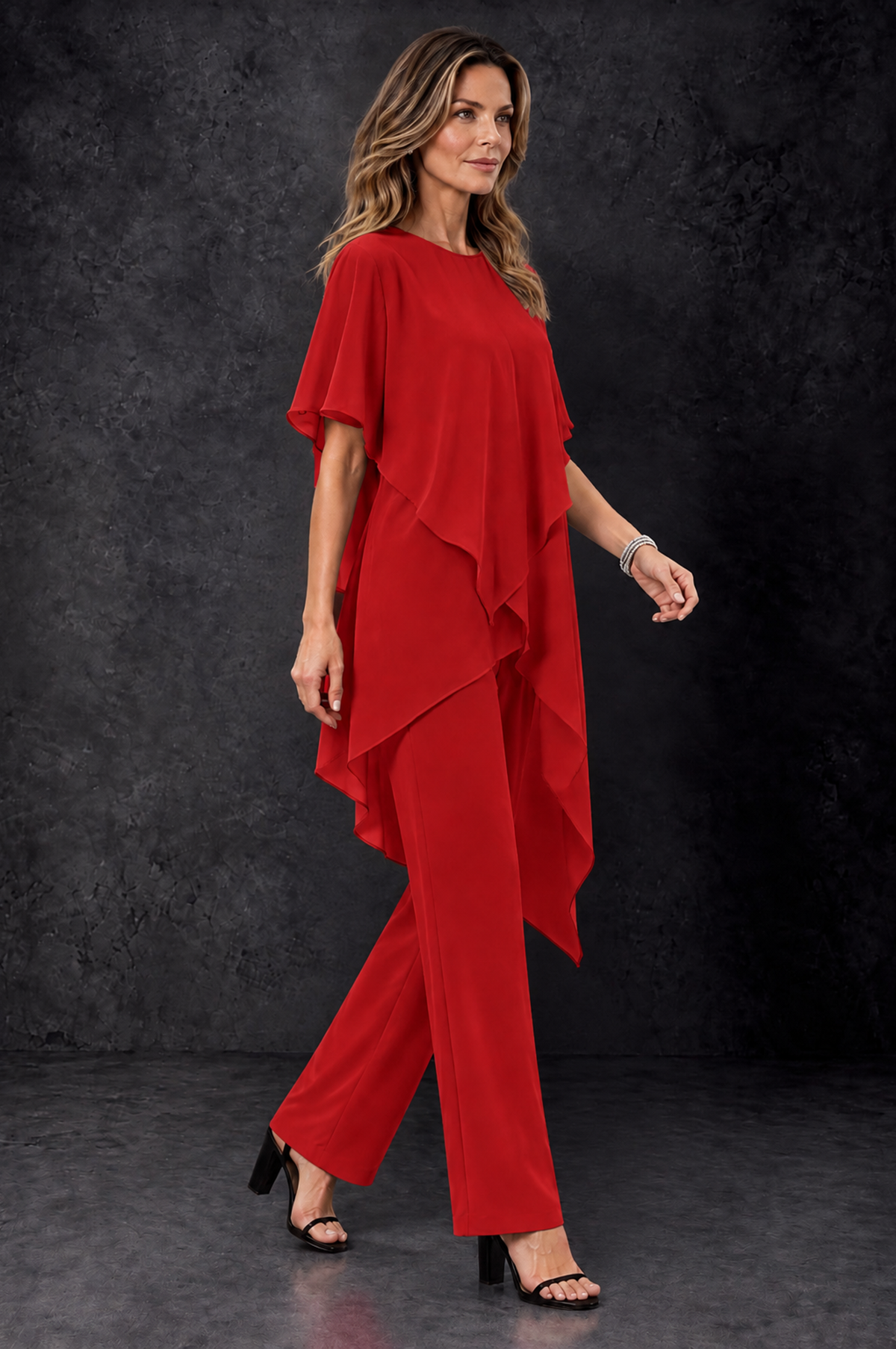 BOLODOO Red Chiffon Two Piece Mother of the Bride Pant Suit - Red - Red_2