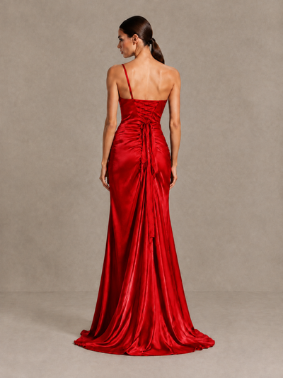 BOLODOO Red One Shoulder Satin Evening Gown with High Slit and Sweep Train - Red - Red_2