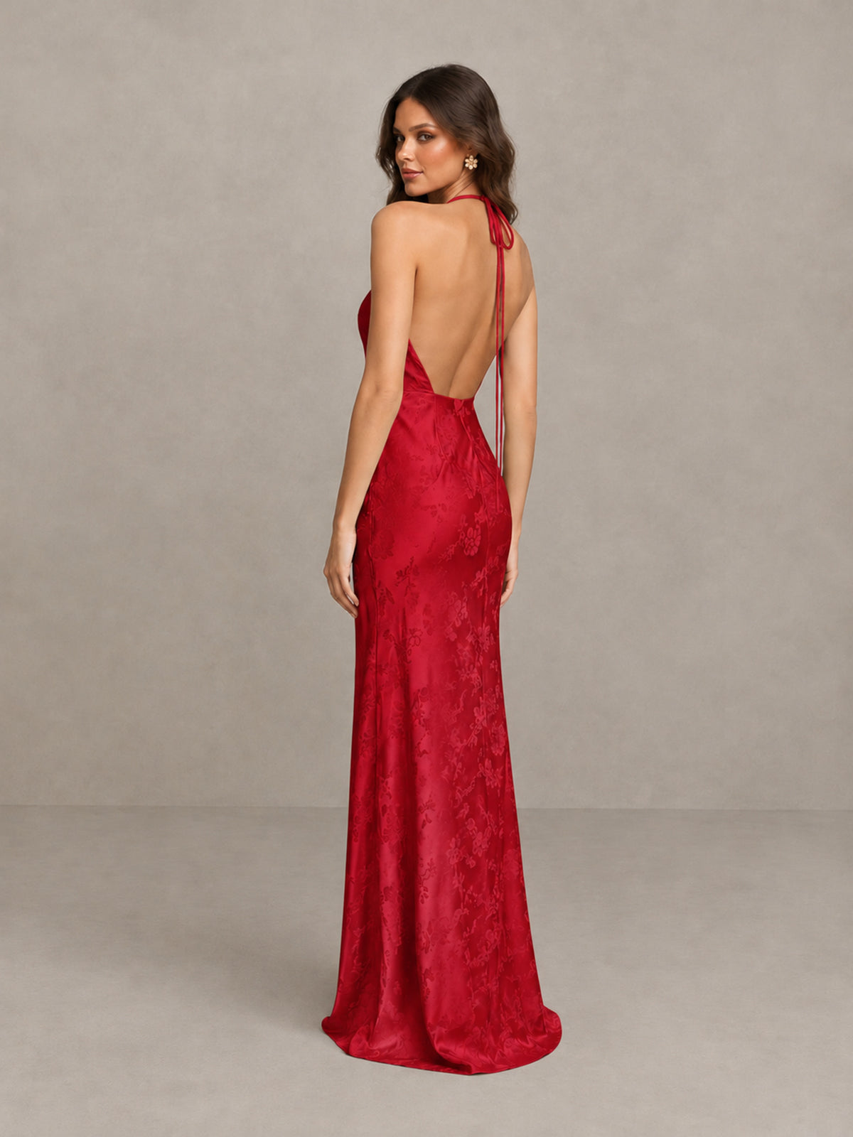 BOLODOO Red Floral Satin Open-Back Bridesmaid Dress - Red - Red_2