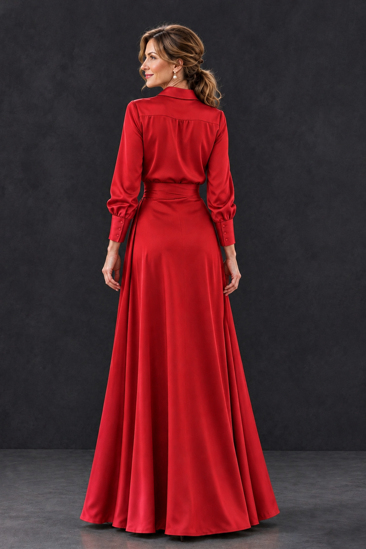 BOLODOO Red Long Sleeve Satin-Look Lace Panel Gown - Red - Red_2