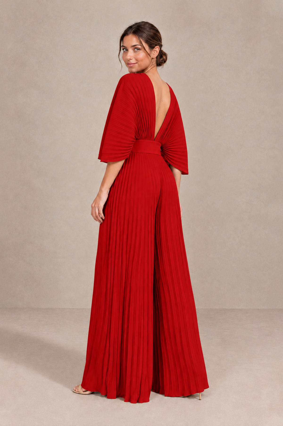 BOLODOO Red Pleated Wide-Leg Mother of Bride Pantsuit with V-Neck Chiffon Maxi Gown - Red - Red_2