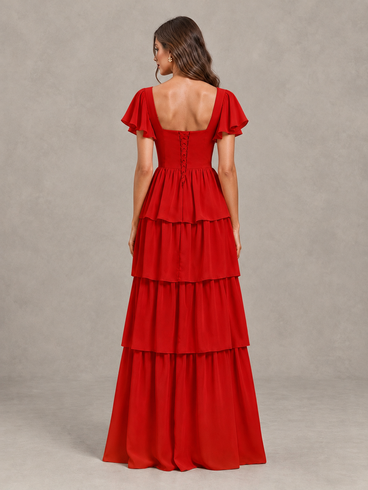BOLODOO Red Flutter Sleeve Tiered Maxi Bridesmaid Dress - Red - Red_2