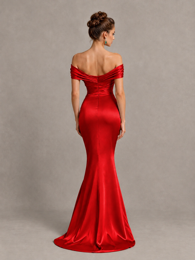 BOLODOO Red Off-Shoulder Satin Mermaid Prom Dress - Red - Red_2
