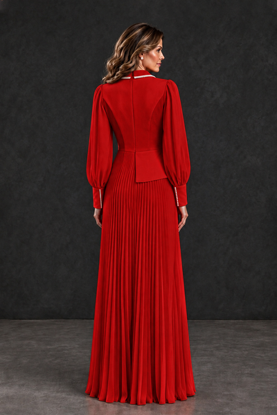 BOLODOO Red Long Sleeve Pleated Mother of the Bride Dress - Red - Red_2