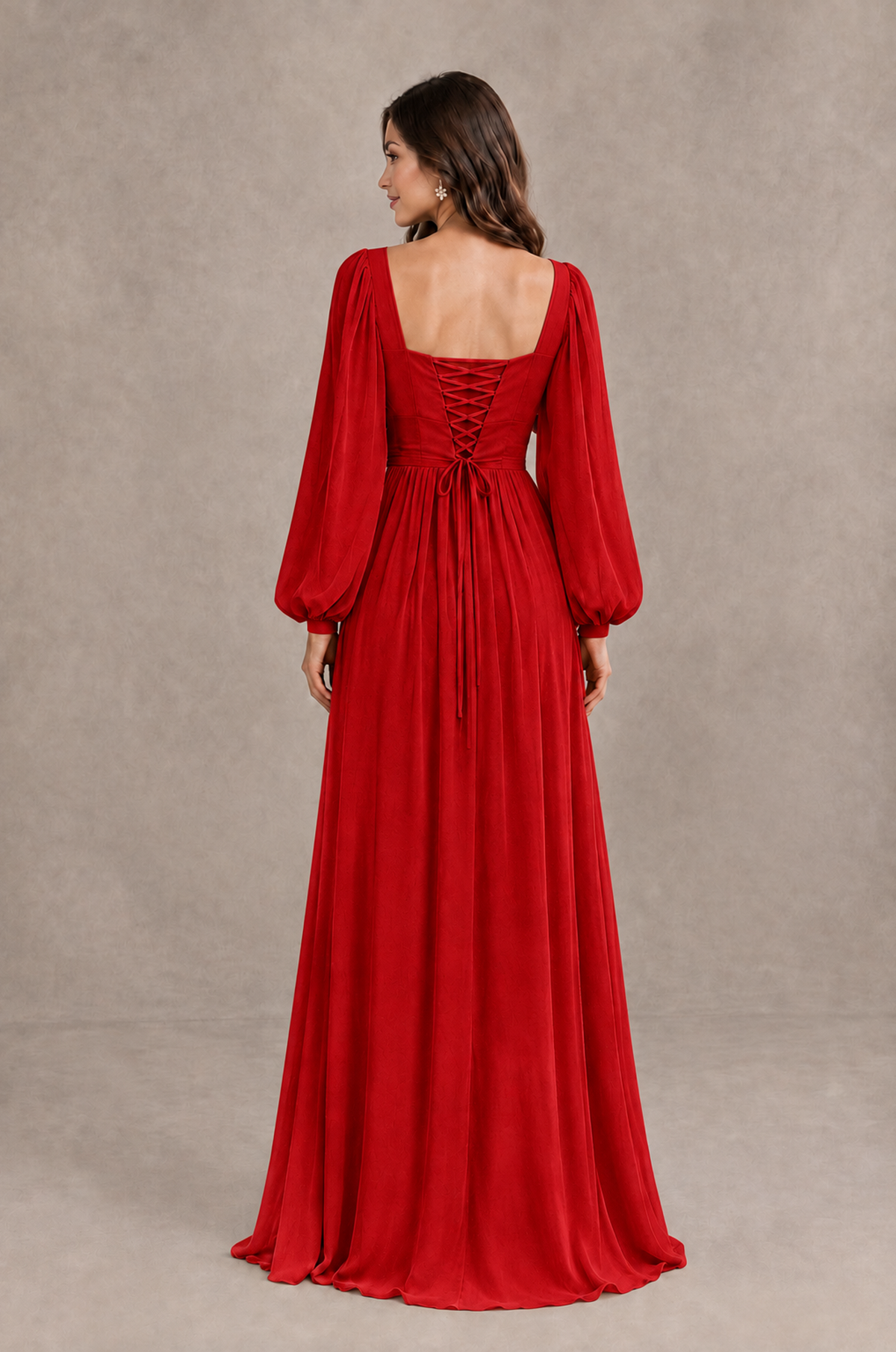 BOLODOO Red Long Sleeve V-Neck A-Line Bridesmaid Dress - Red - Red_2