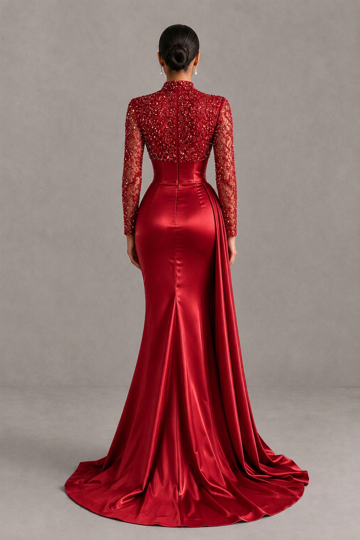 BOLODOO Red Long Sleeve Embellished Satin Mermaid Evening Gown - Red - Red_2