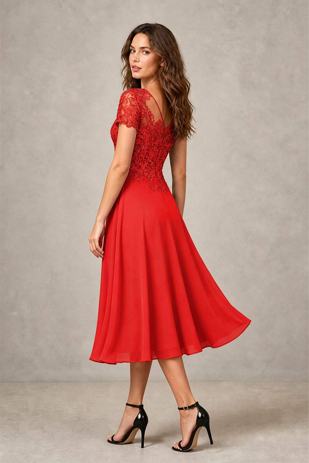 BOLODOO Steel Red Beaded Lace Illusion Bodice Chiffon Tea-Length Dress | Mother of the Bride & Cocktail Party - Red