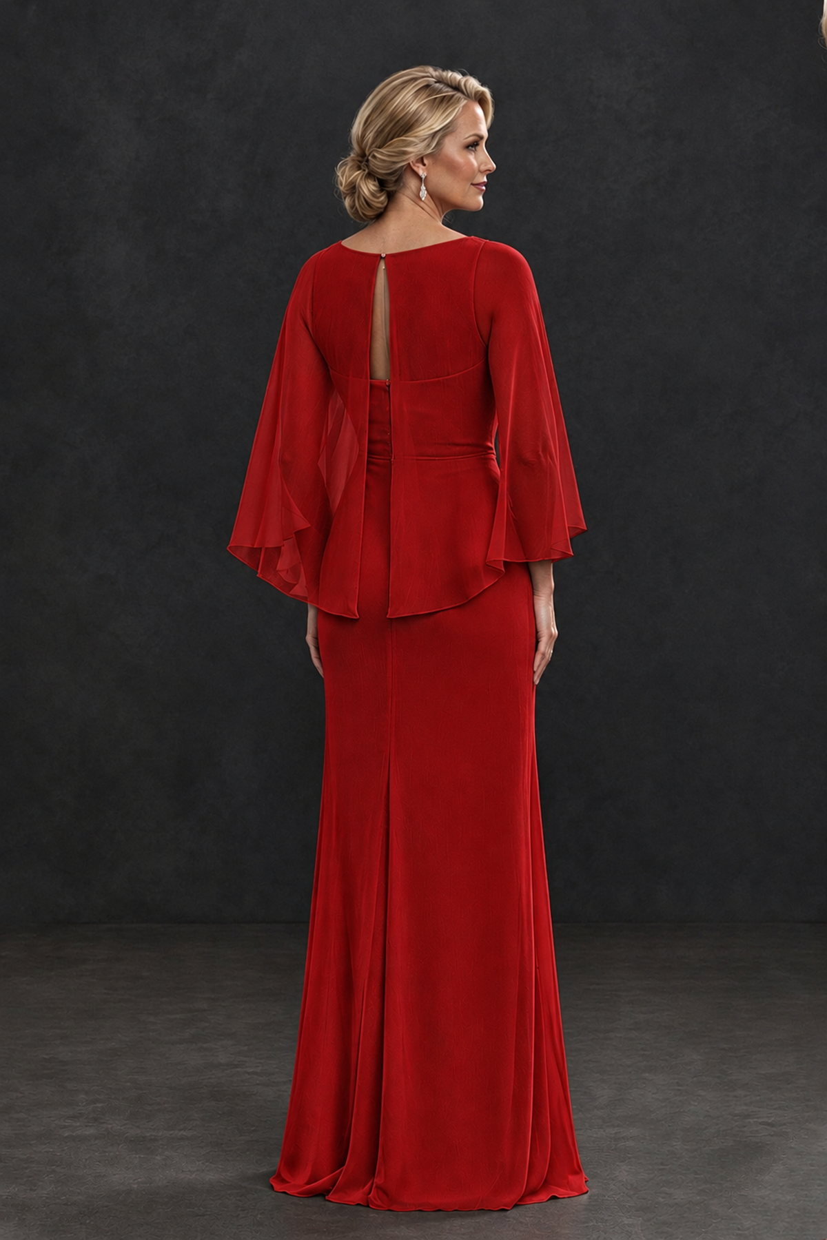 BOLODOO Red Cape Sleeve Mother of the Bride Dress with Ruched Waist - Red - Red_2