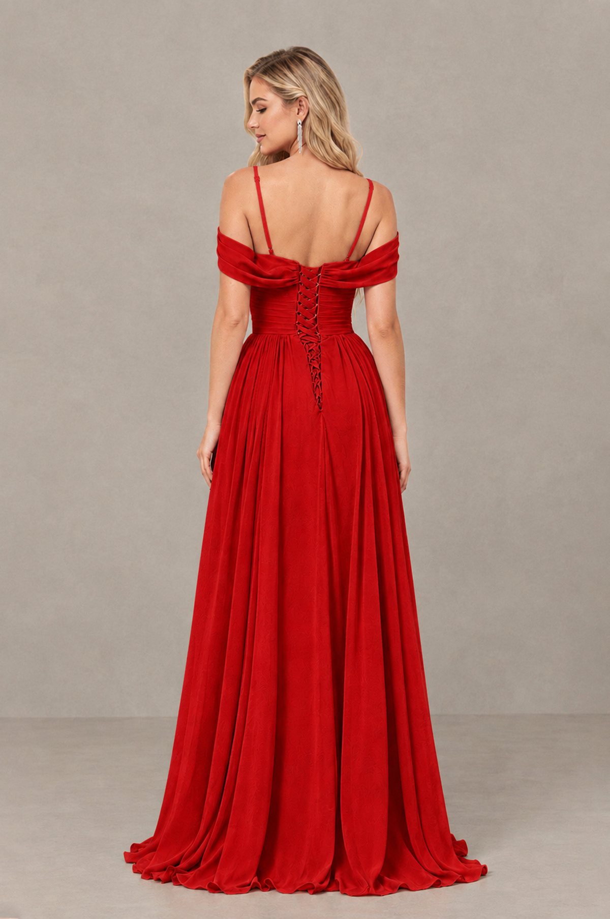 BOLODOO Red Off-Shoulder Bridesmaid Dress with Slit - Red