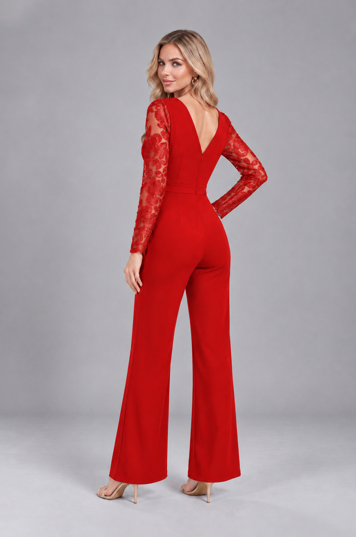 BOLODOO Red Lace Long-Sleeve V-Neck Mother Pant Suit - Red - Red_2