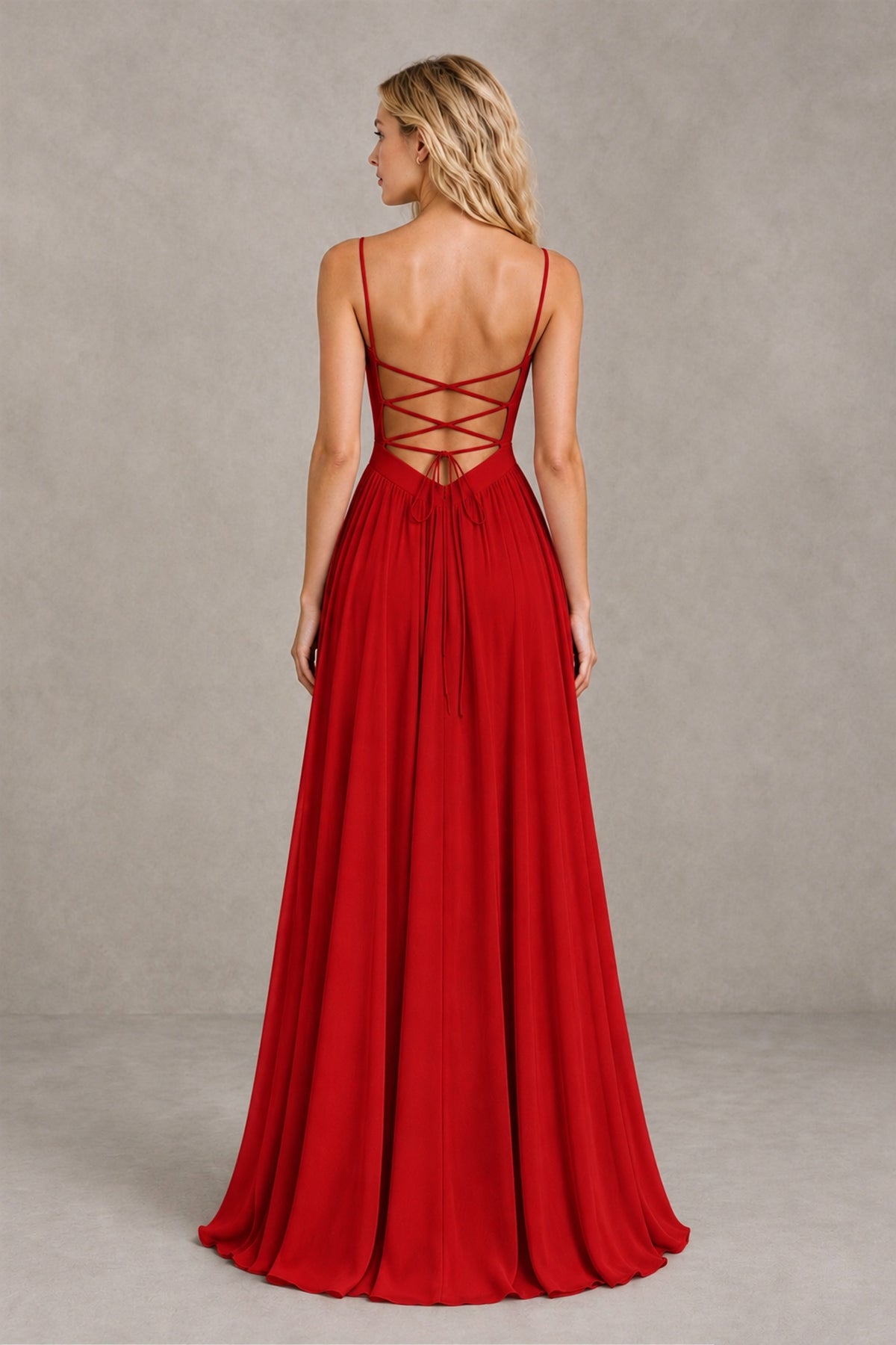 BOLODOO Red Spaghetti Strap A-Line Bridesmaid Dress with Slit - Red - Red_2