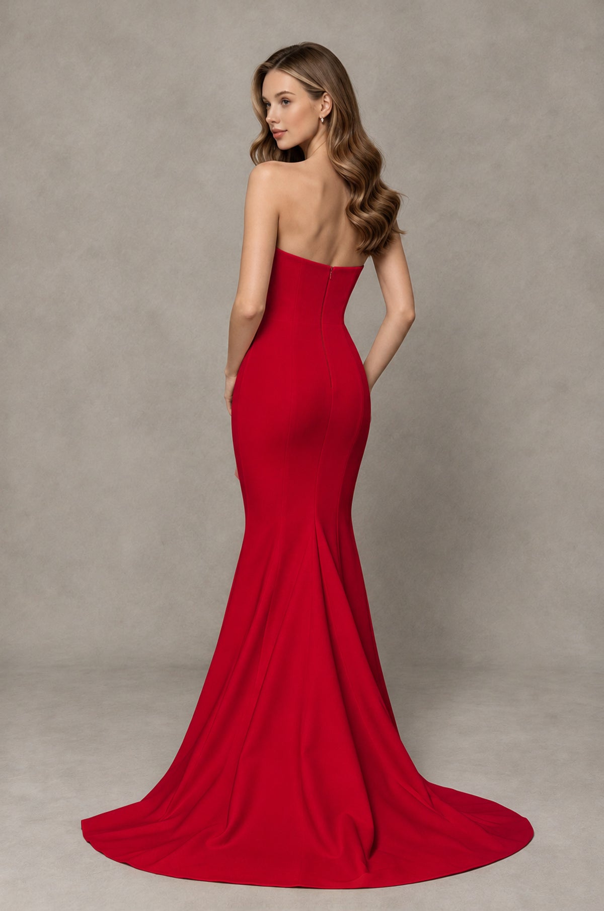 BOLODOO Red Strapless Mermaid Evening Dress with Ruffle Slit and Train - Red - Red_2