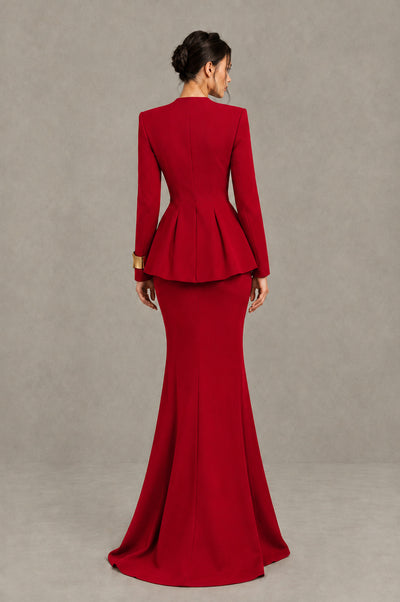 BOLODOO Red Long Sleeve Peplum Mermaid Formal Dress - Red - Red_2