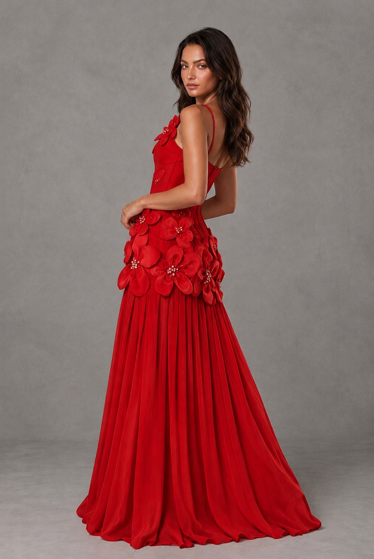 BOLODOO Red 3D Floral Appliqué Floor-Length A-Line Evening Gown - Red