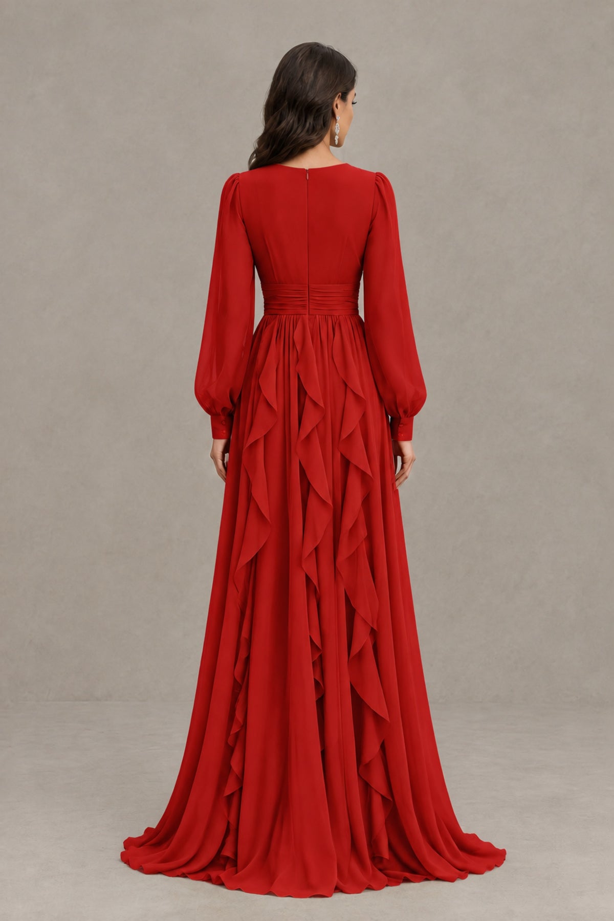 BOLODOO Red Long Sleeve V-Neck Ruffle Maxi Dress - Red
