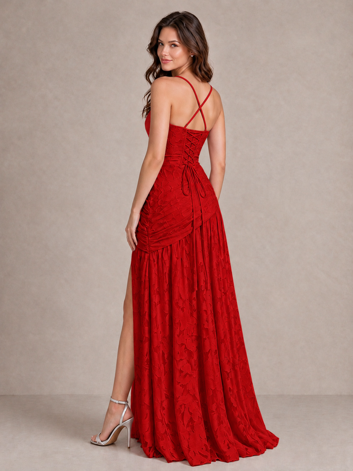 BOLODOO Red Floral Jacquard Bridesmaid Dress with Square Neck, Lace-Up Back & High Slit - Red - Red_2