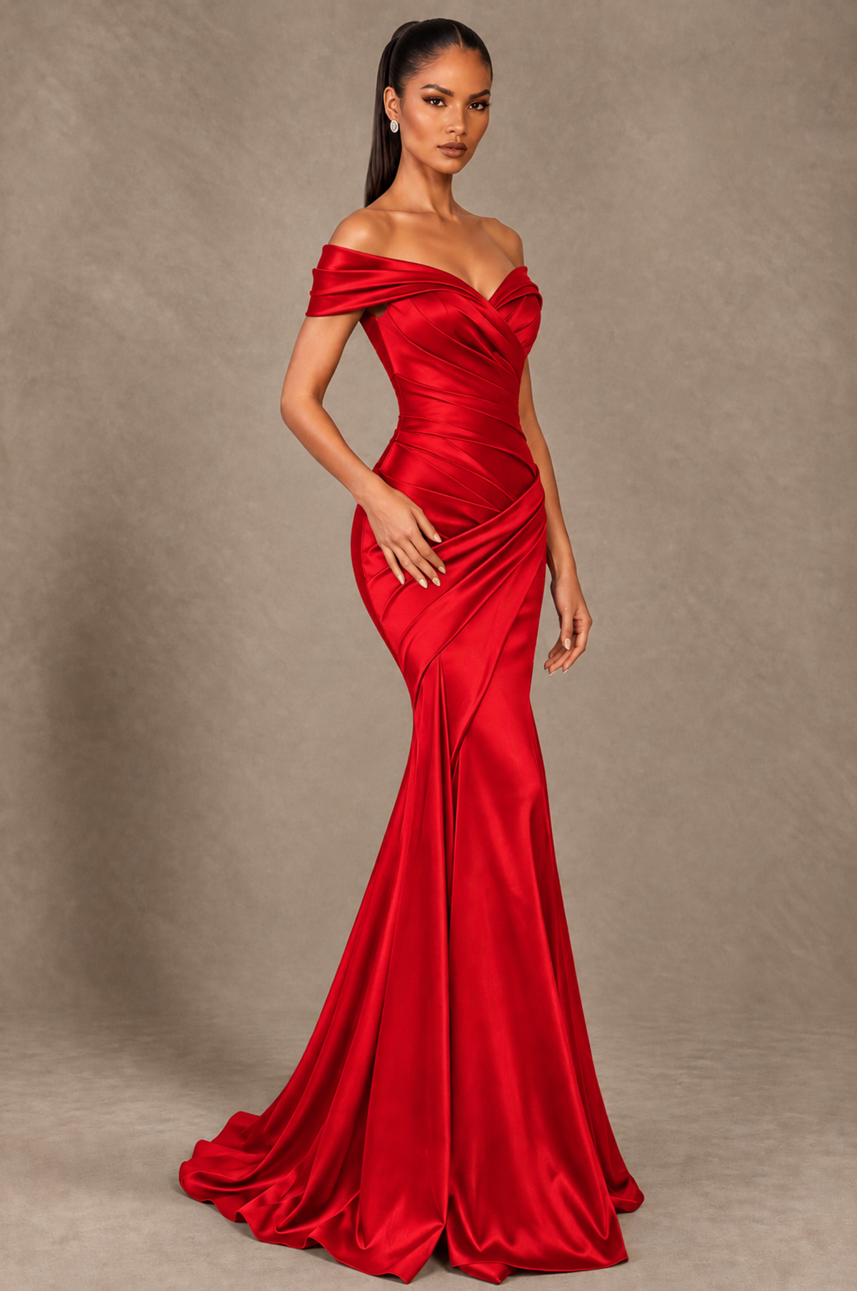 BOLODOO Red Off-the-Shoulder Ruched Satin Mermaid Evening Dress - Red - Red_2